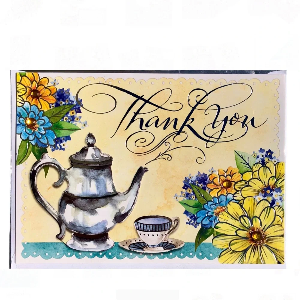Punch Studio Single(1) 3D Die-Cut Floral Tea Party Card Env+Seal 5” x 7” (67461)